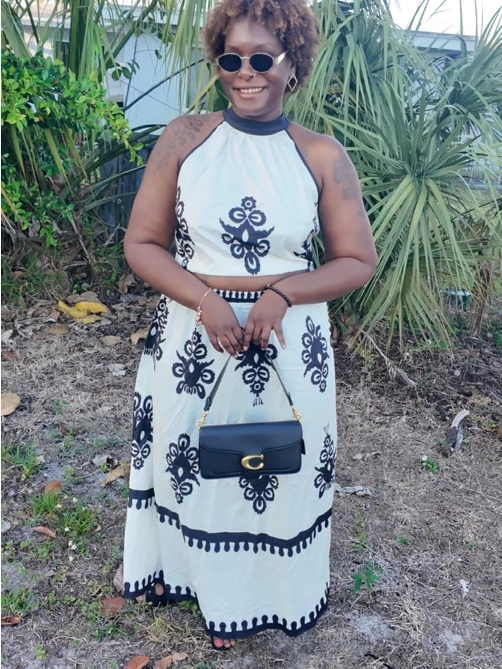 Chic Black & White Halter Maxi Skirt Set